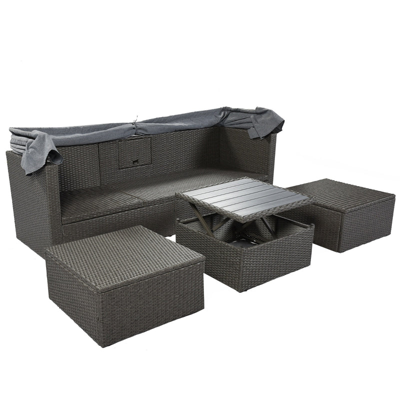 U Style Patio Rectangle Daybed With Canopy, Wicker Sectional Seating - Phoenix Fire Art Store