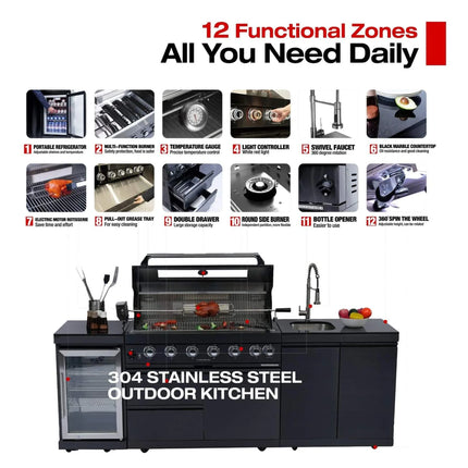 Castelle Flame 43-Inch 6-Burner 85K BTU Stainless Steel Outdoor BBQ Kitchen Island Grill With Wine Cooler, Rotisserie, And Sink (SAK19476) - Phoenix Fire Art Store