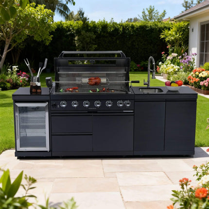 Castelle Flame 43-Inch 6-Burner 85K BTU Stainless Steel Outdoor BBQ Kitchen Island Grill With Wine Cooler, Rotisserie, And Sink (SAK19476) - Phoenix Fire Art Store