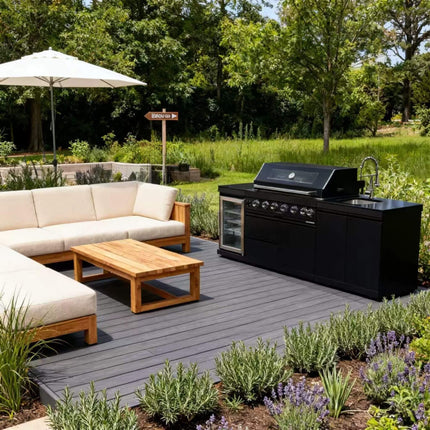 Castelle Flame 43-Inch 6-Burner 85K BTU Stainless Steel Outdoor BBQ Kitchen Island Grill With Wine Cooler, Rotisserie, And Sink (SAK19476) - Phoenix Fire Art Store