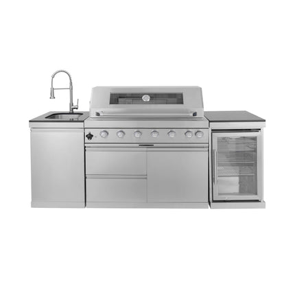 Castelle Flame 44-Inch 6-Burner 85K BTU Stainless Steel Outdoor BBQ Kitchen Island Grill With Wine Cooler, Rotisserie Kit, And Storage Cabinets (SAK97105)