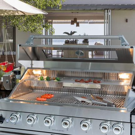 Castelle Flame 44-Inch 6-Burner 85K BTU Stainless Steel Outdoor BBQ Kitchen Island Grill With Wine Cooler, Rotisserie Kit, And Storage Cabinets (SAK97105)