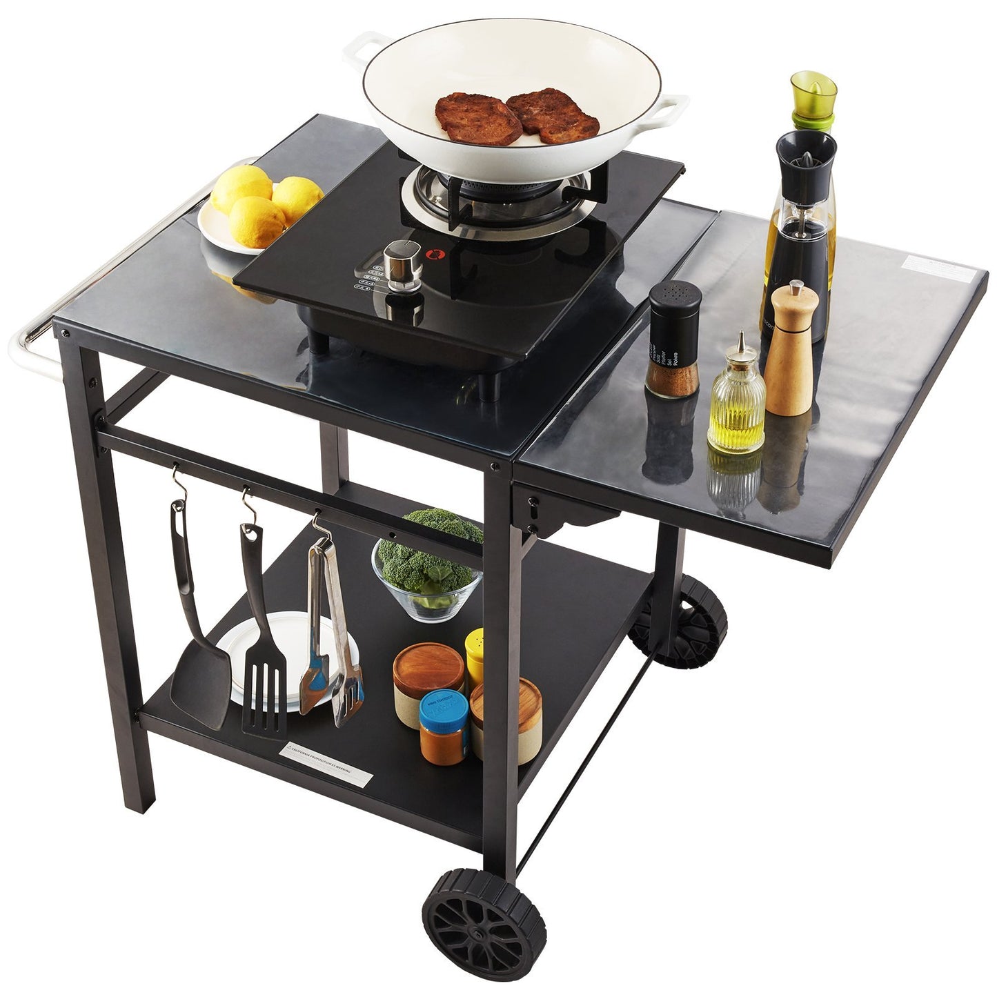 Outdoor Multifunctional Foldable, Portable, Modular Iron Table Top BBQ Grill Dining Cart With Double-Shelf