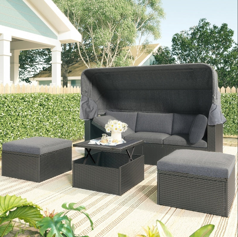 U Style Patio Rectangle Daybed With Canopy, Wicker Sectional Seating - Phoenix Fire Art Store