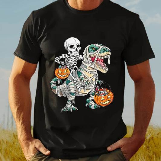 Men's Skull Riding Dinosaur Printed Round Neck Cotton Short Sleeve, Summer Trendy Soft, Comfortable And Breathable Clothing