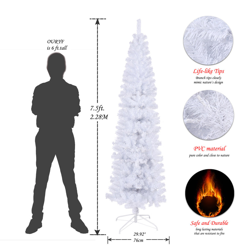 7.5 Feet White Slender Faux Christmas Tree Including Foldable Metal Stands