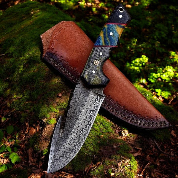 Custom Handmade Damascus Steel Gut Hook Knife – Exotic Wood Handle & Leather Sheath