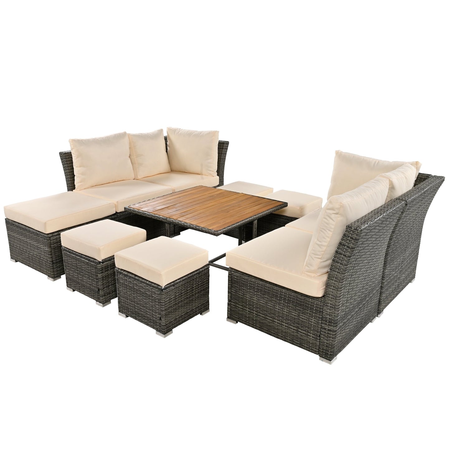 10 Piece Outdoor Wood Coffee Table Furniture Set, W/ Ottomans