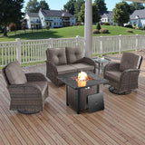 5 Piece Outdoor Patio Furniture Set with 50000 BTU Propane Fire Pit Table, Deep Seating Wicker Swivel Rocker Chairs and Loveseat Glider Patio Conversation Set for Poolside Deck Backyard Grey-0