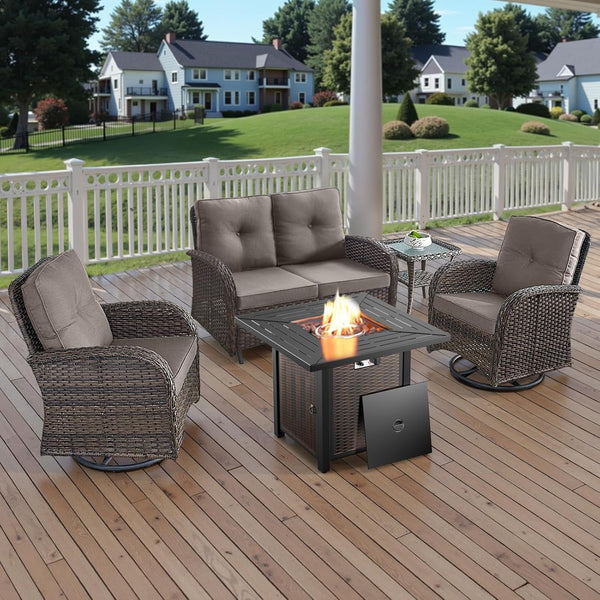 5 Piece Outdoor Patio Furniture Set with 50000 BTU Propane Fire Pit Table, Deep Seating Wicker Swivel Rocker Chairs and Loveseat Glider Patio Conversation Set for Poolside Deck Backyard Grey-0