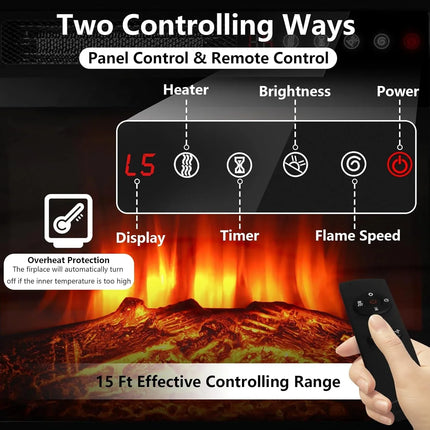 Modern Entertainment Center with 18'' Fireplace for TV's up to 65 Inch, with Adjustable Glass Shelves and Storage Cabinets (Brown) - Phoenix Fire Art Store