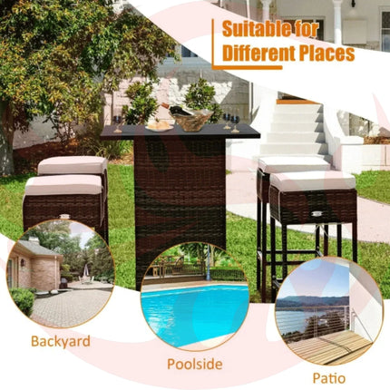 5 PCS Patio Rattan Bar Table Stool Set With Hidden Storage Shelf & Cushions (SAK14645) - Phoenix Fire Art Store