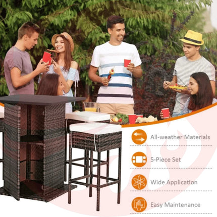 5 PCS Patio Rattan Bar Table Stool Set With Hidden Storage Shelf & Cushions (SAK14645) - Phoenix Fire Art Store