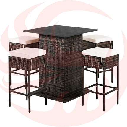 5 PCS Patio Rattan Bar Table Stool Set With Hidden Storage Shelf & Cushions (SAK14645) - Phoenix Fire Art Store