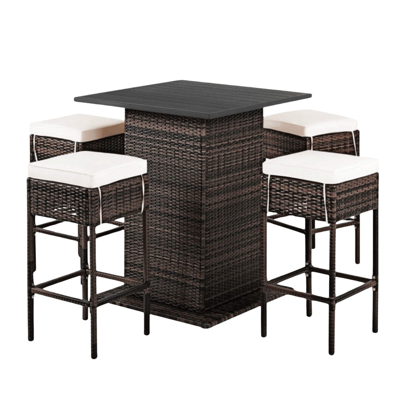 5 PCS Patio Rattan Bar Table Stool Set With Hidden Storage Shelf & Cushions (SAK14645)