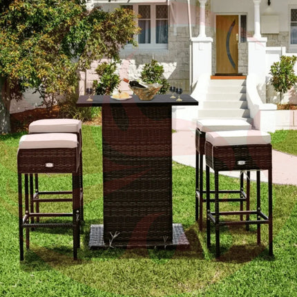 5 PCS Patio Rattan Bar Table Stool Set With Hidden Storage Shelf & Cushions (SAK14645) - Phoenix Fire Art Store