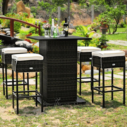 5 PCS Patio Rattan Bar Table Stool Set With Hidden Storage Shelf & Cushions (SAK14645) - Phoenix Fire Art Store
