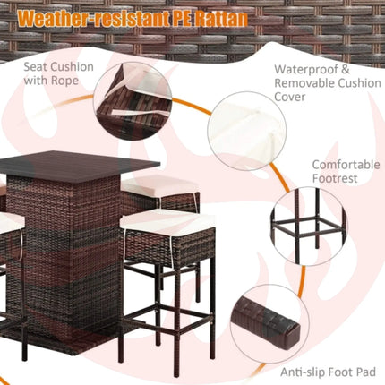 5 PCS Patio Rattan Bar Table Stool Set With Hidden Storage Shelf & Cushions (SAK14645) - Phoenix Fire Art Store
