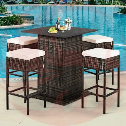 5 PCS Patio Rattan Bar Table Stool Set With Hidden Storage Shelf & Cushions (SAK14645) - Phoenix Fire Art Store