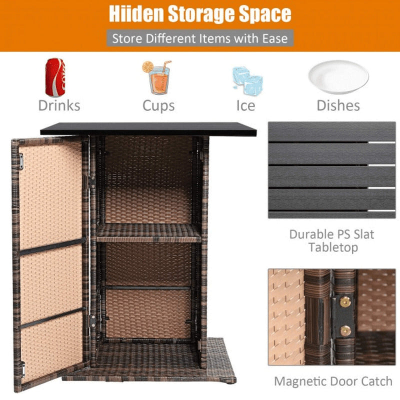 5 PCS Patio Rattan Bar Table Stool Set With Hidden Storage Shelf & Cushions (SAK14645)