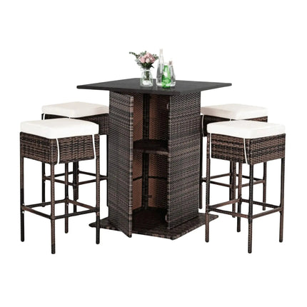 5 PCS Patio Rattan Bar Table Stool Set With Hidden Storage Shelf & Cushions (SAK14645) - Phoenix Fire Art Store