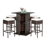 5 PCS Patio Rattan Bar Table Stool Set With Hidden Storage Shelf & Cushions (SAK14645)