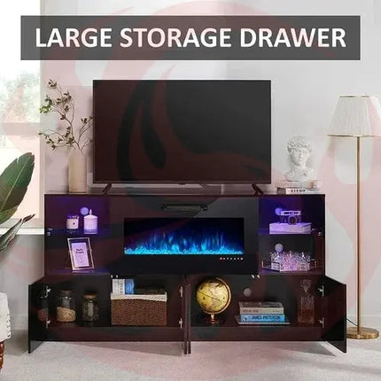 Modern TV Stand with Electric Fireplace and LED Lights - Phoenix Fire Art Store