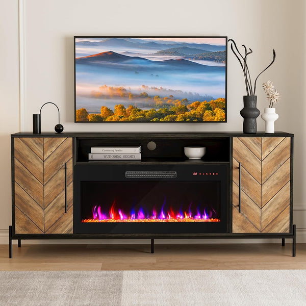 68" Entertainment Center with 36" Electric Fireplace Heater & Storage Cabinet, for Tv's up to 75" - Harper (Black Ebony)