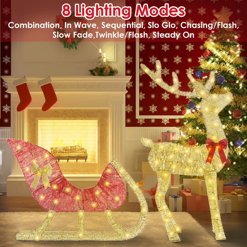 1Pc Lighted Christmas Reindeer & Sleigh Indoor Outdoor Christmas Decoration Christmas Lighted Display With 8 Lighting Modes