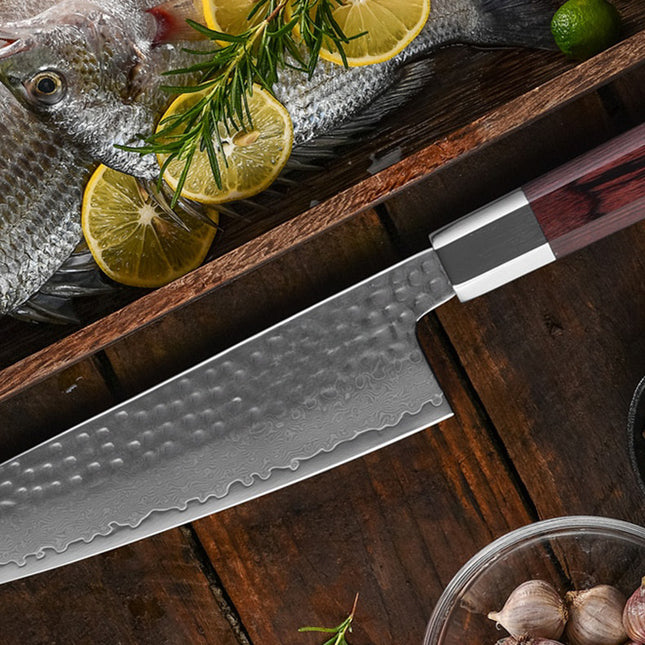 Kegani Damascus Japanese Chef Knife, 67 Layer VG-10 Natural Hammered with Rosewood Handle - Phoenix Fire Art Store