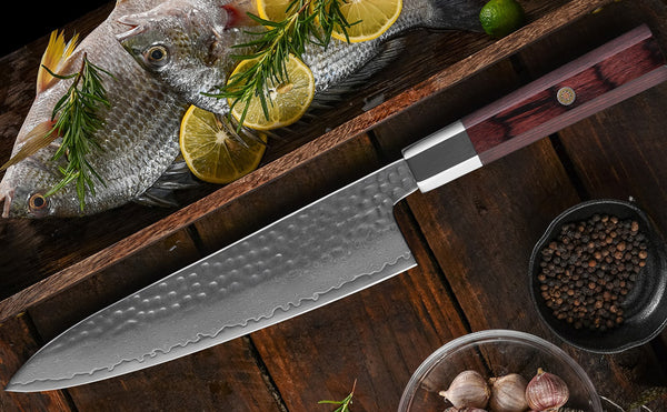 Kegani Damascus Japanese Chef Knife, 67 Layer VG-10 Natural Hammered with Rosewood Handle - Phoenix Fire Art Store