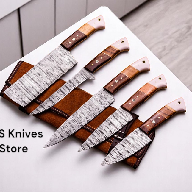 5 Pcs Custom Handmade Damascus Steel Knife Set with Olivewood, Rosewood & Bone Handles