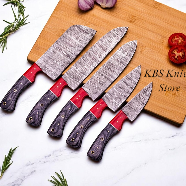 5 Pcs Custom Handmade Damascus Cooking Knives Set with Exotic Pakka Wood Handles