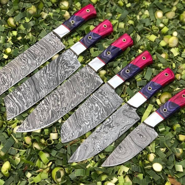 Luxury Collection: 6-Piece Kitchen Knives Set with Twist Damascus Steel Blades, Exotic Wood Handles, and Leather Roll