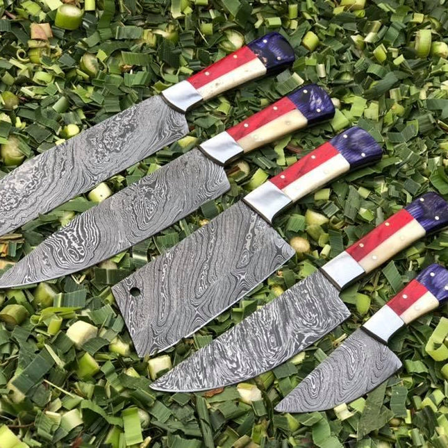 Exquisite Twist Damascus Steel 5-Piece Kitchen Knives Set with Bone and Exotic Color Wood Handles - Culinary Elegance in a Leather Roll