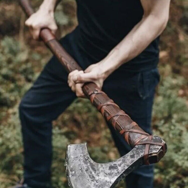 Custom Handmade Viking Battle Axe with Forged 1095 Steel Blade and Rosewood Leather-Wrapped Handle – KBS Knives Store