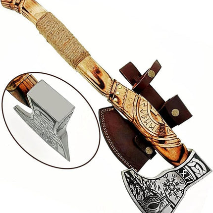 Norse Axe with Custom Handmade Forged 1095 Steel Blade and Hand Engraved Ash Wood Handle – Odin’s Edge