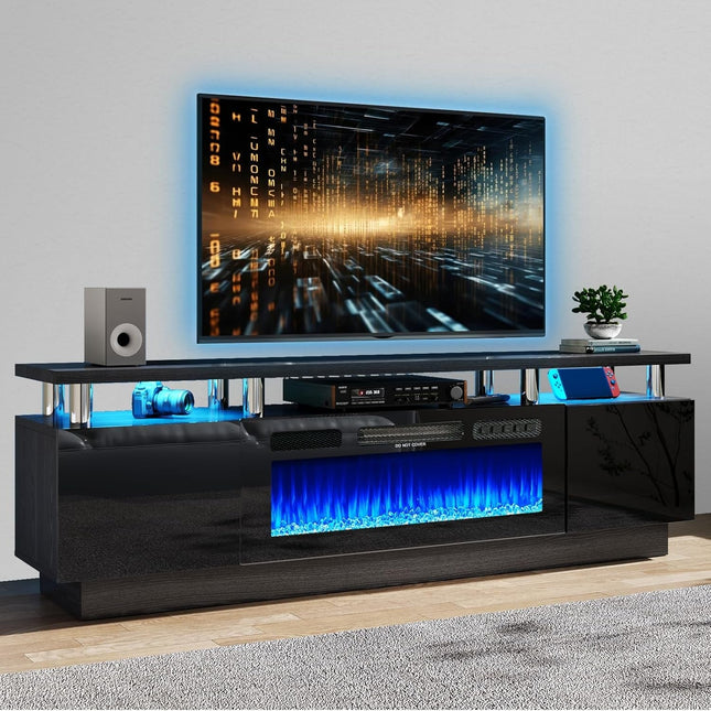 80" Modern Electric Fireplace TV Stand for TV's up to 90 Inch, with LED Lights & Cabinet, Luxury High Gloss Finish, Black