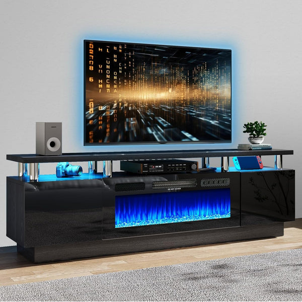 80" Modern Electric Fireplace TV Stand for TV's up to 90 Inch, with LED Lights & Cabinet, Luxury High Gloss Finish, Black