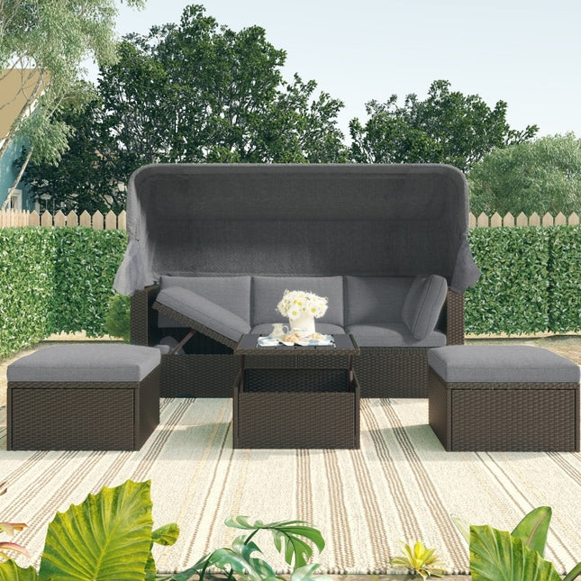 U Style Patio Rectangle Daybed With Canopy, Wicker Sectional Seating - Phoenix Fire Art Store