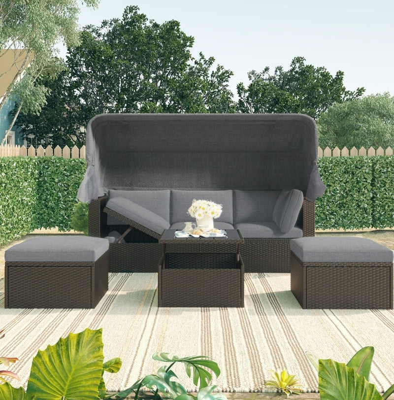 U Style Patio Rectangle Daybed With Canopy, Wicker Sectional Seating - Phoenix Fire Art Store