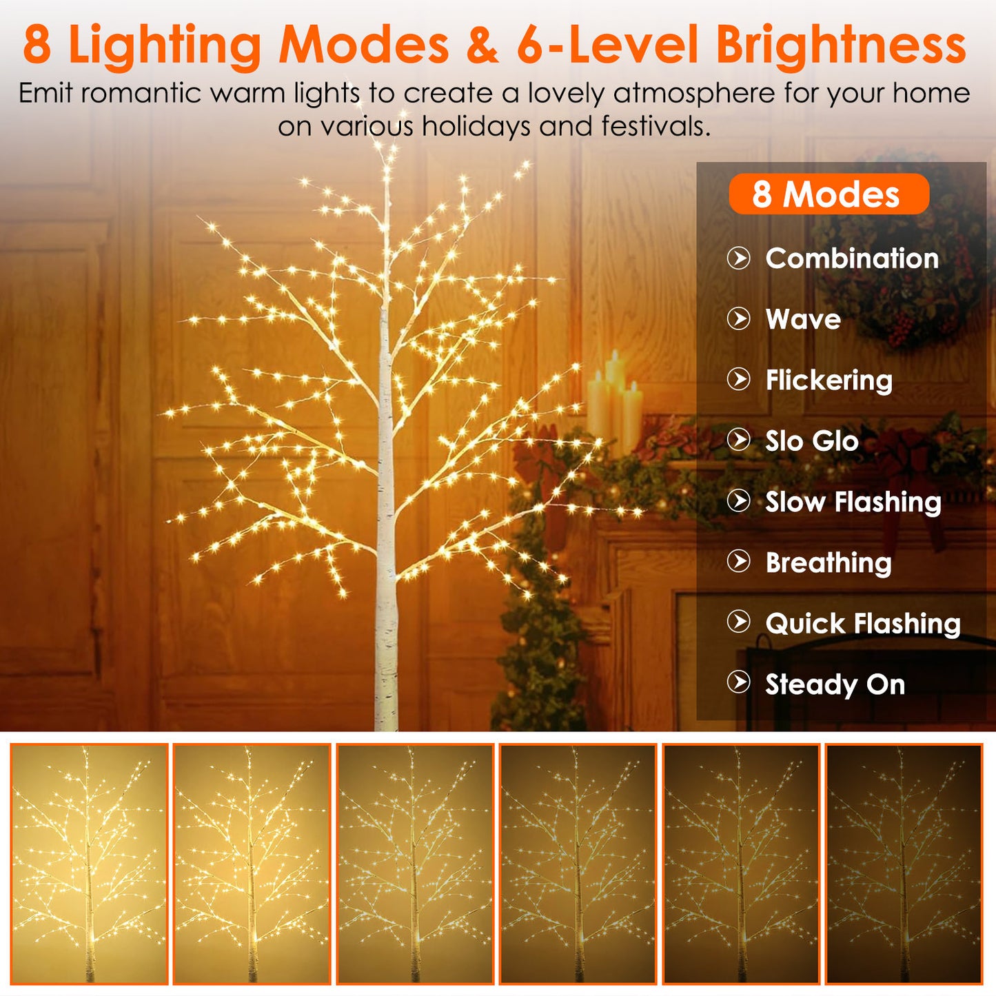 4FT-6FT Options -- 1Pc Lighted Birch Tree Artificial White Birch Twig Tree With 8 Warm White Lighting Modes For Wedding Party Christmas Holiday Festival Home Decoration