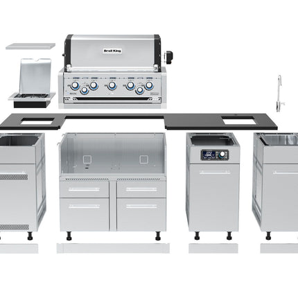 Broil King 10 1/2-Foot Outdoor Kitchen Island with Imperial QS 590i 5-Burner Gas Grill, Rotisserie, Side Burner, Sink, Refrigerator & iQue™ Technology Control