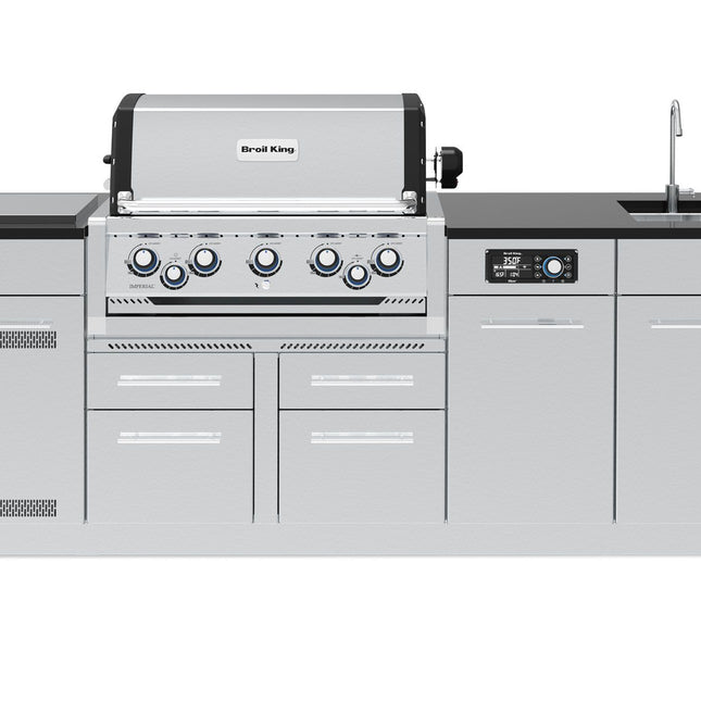 Broil King 8-Foot Outdoor Kitchen Island with Imperial QS 590i 5-Burner Gas Grill, Rotisserie, Side Burner, Sink & iQue™ Technology Control