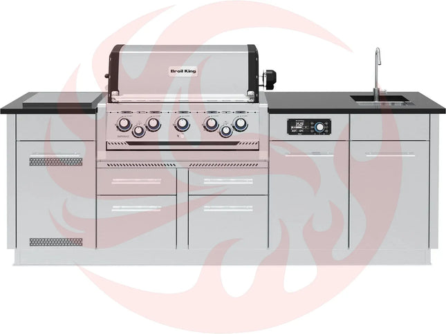Broil King 8-Foot Outdoor Kitchen Island with Imperial QS 590i 5-Burner Gas Grill, Rotisserie, Side Burner, Sink & iQue™ Technology Control - Phoenix Fire Art Store