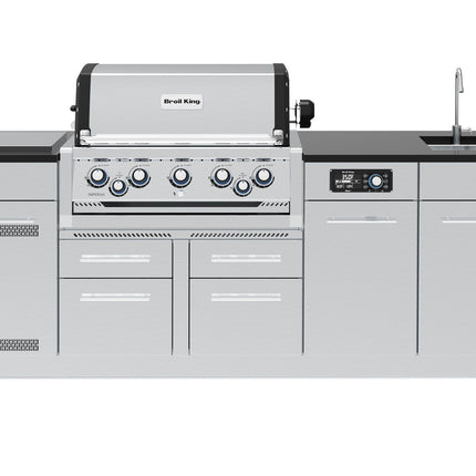 Broil King 10 1/2-Foot Outdoor Kitchen Island with Imperial QS 590i 5-Burner Gas Grill, Rotisserie, Side Burner, Sink, Refrigerator & iQue™ Technology Control