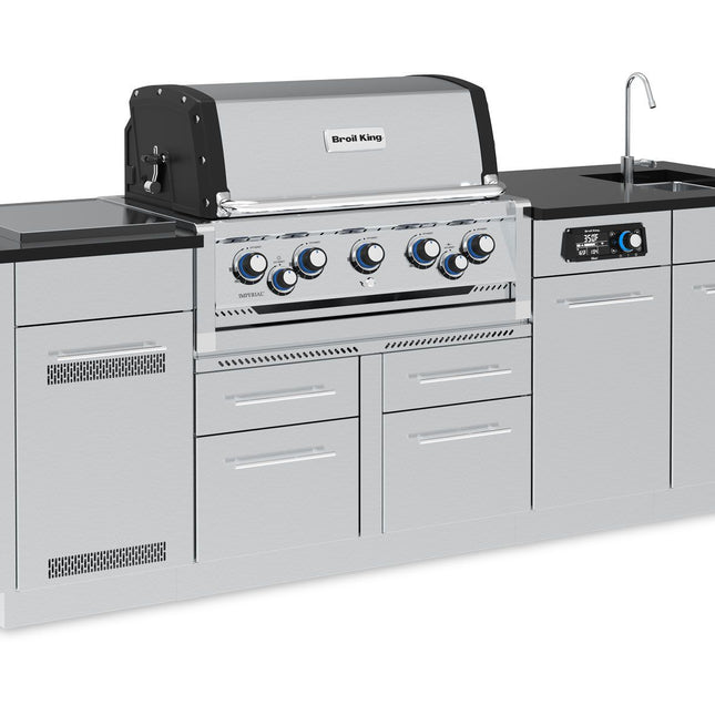 Broil King 8-Foot Outdoor Kitchen Island with Imperial QS 590i 5-Burner Gas Grill, Rotisserie, Side Burner, Sink & iQue™ Technology Control