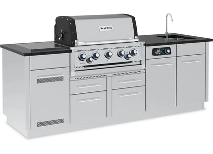 Broil King 10 1/2-Foot Outdoor Kitchen Island with Imperial QS 590i 5-Burner Gas Grill, Rotisserie, Side Burner, Sink, Refrigerator & iQue™ Technology Control - Phoenix Fire Art Store