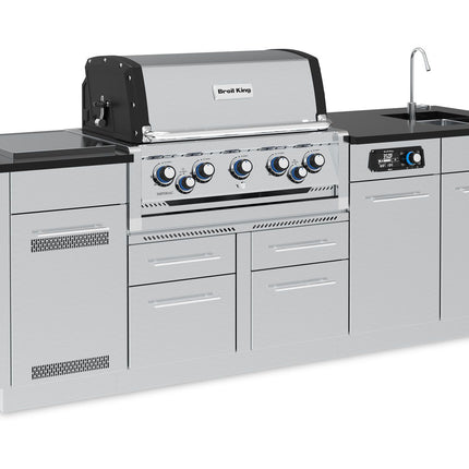 Broil King 10 1/2-Foot Outdoor Kitchen Island with Imperial QS 590i 5-Burner Gas Grill, Rotisserie, Side Burner, Sink, Refrigerator & iQue™ Technology Control