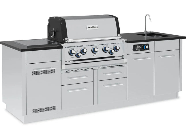 Broil King 10 1/2-Foot Outdoor Kitchen Island with Imperial QS 590i 5-Burner Gas Grill, Rotisserie, Side Burner, Sink, Refrigerator & iQue™ Technology Control - Phoenix Fire Art Store